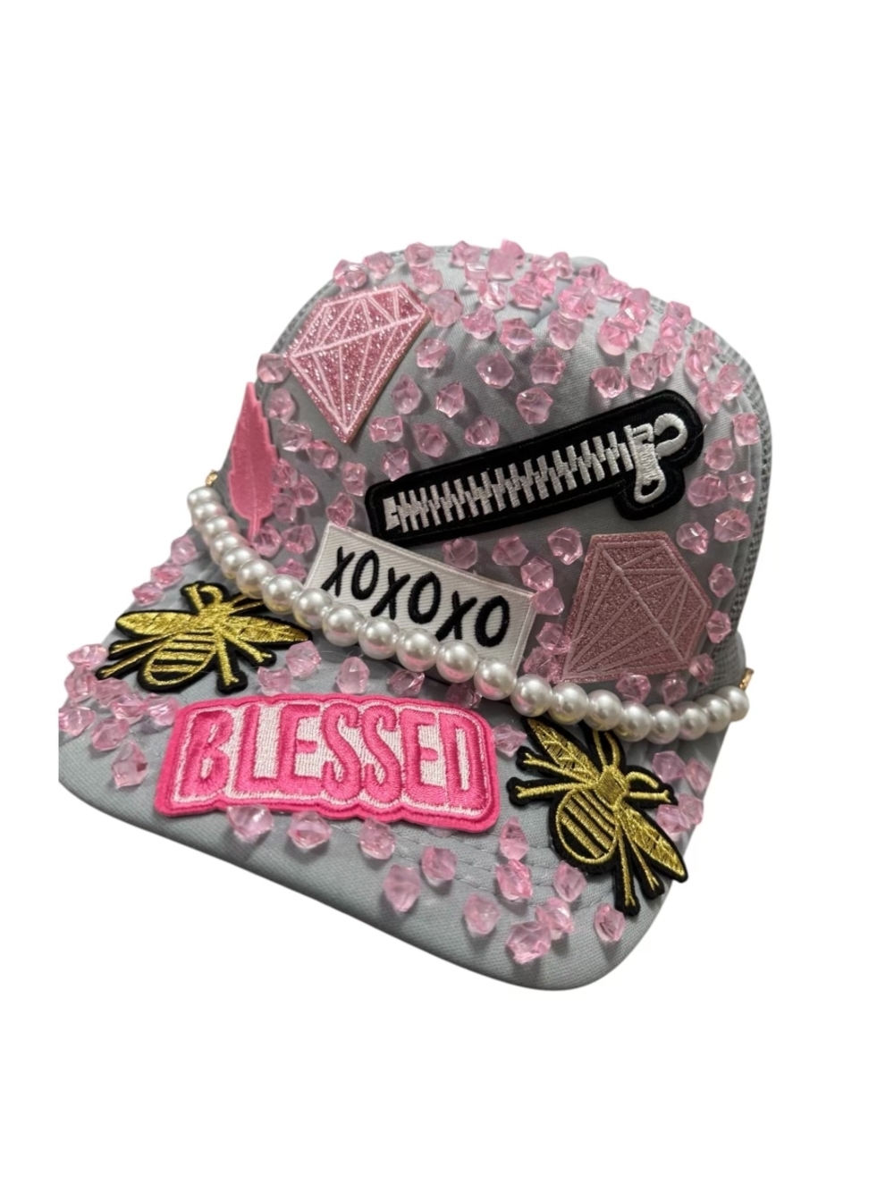 One Of A Kind Pink Embellished 'Blessed' Cap with Pearls